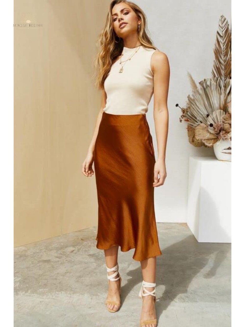 High Waist Satin Midi Skirt Elegant Party Silk Blend - Picture 4 of 6